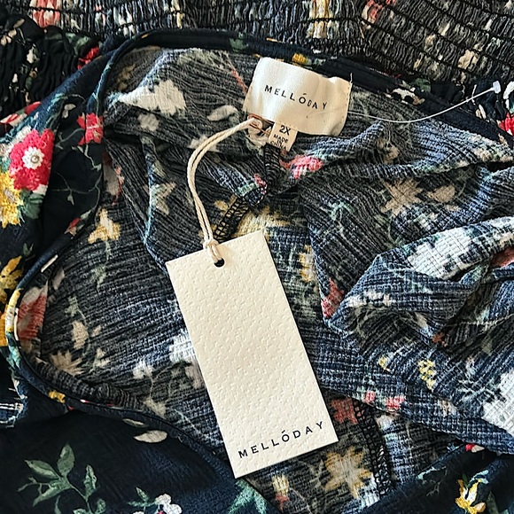 Melloday NWT Dark Blue Floral Faux Wrap Short Sleeve Shirt Top **Size 2X**🌺🌺 - Picture 4 of 4